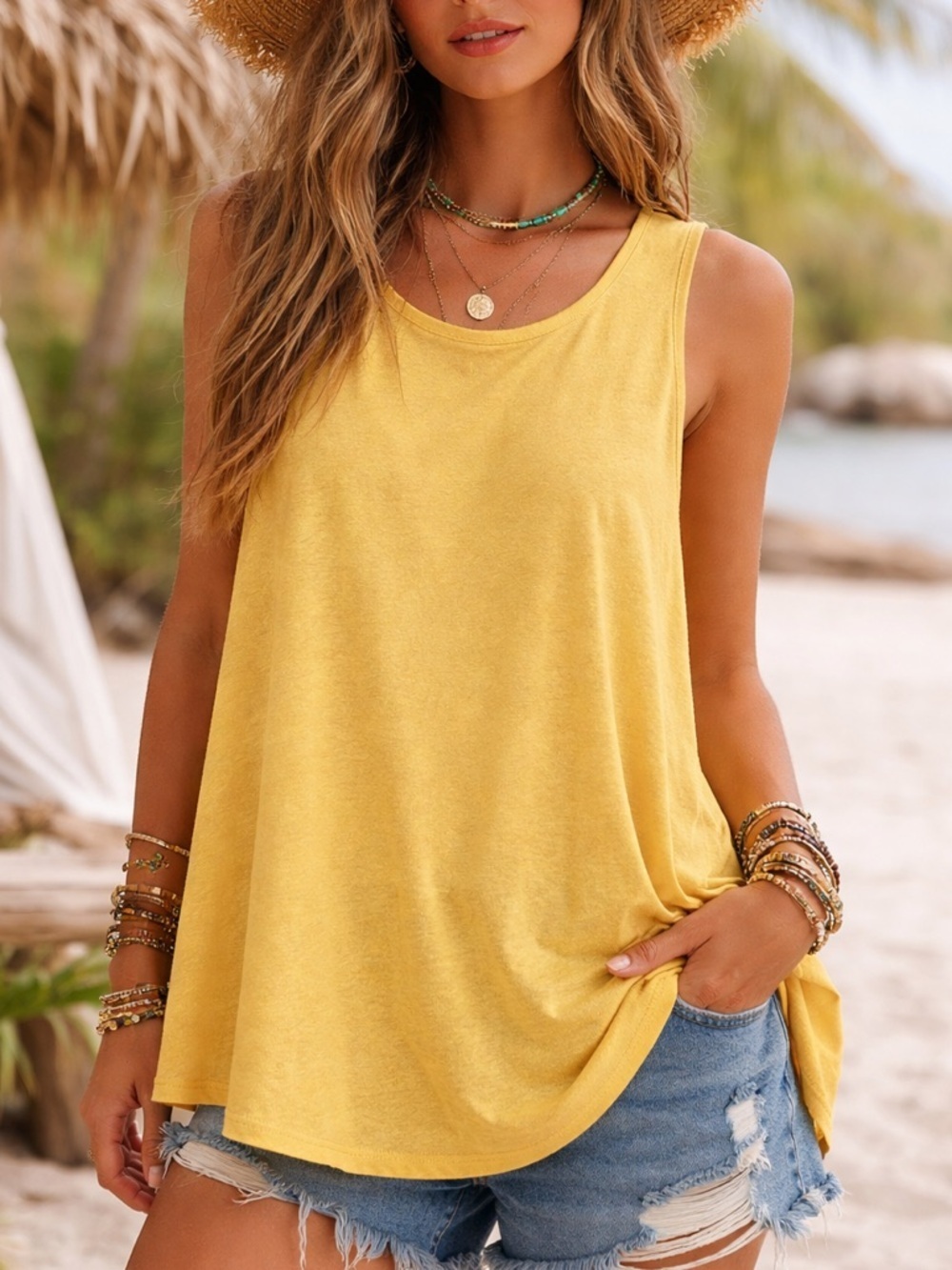 Free People Beach Mustard Yellow Hemp Blend Pleated Back Tank Top